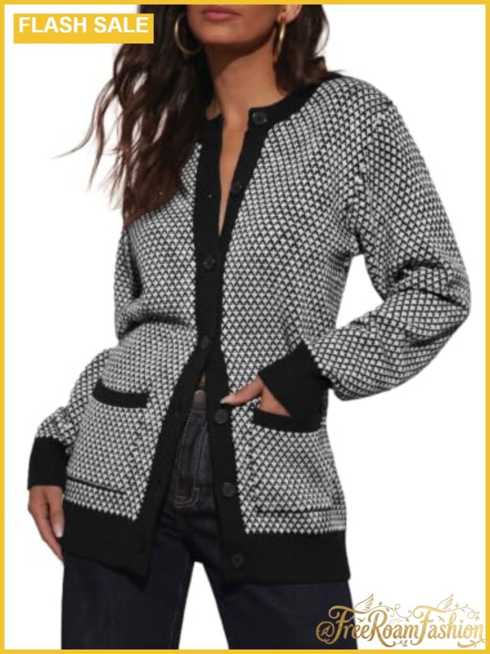 Button Down Plaid Cardigan Sweater Chunky Knit Crew Neck